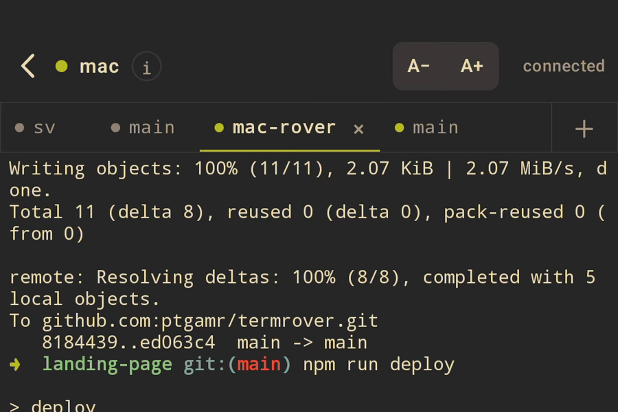 Close-up of TermRover's connection bar, with A− and A+ font-size buttons beside the host name above the terminal output