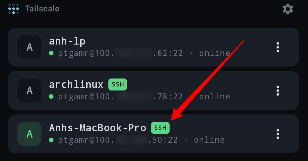 TermRover's Tailscale host list: three imported machines with their address and online status, the green SSH badge on the two that run Tailscale SSH