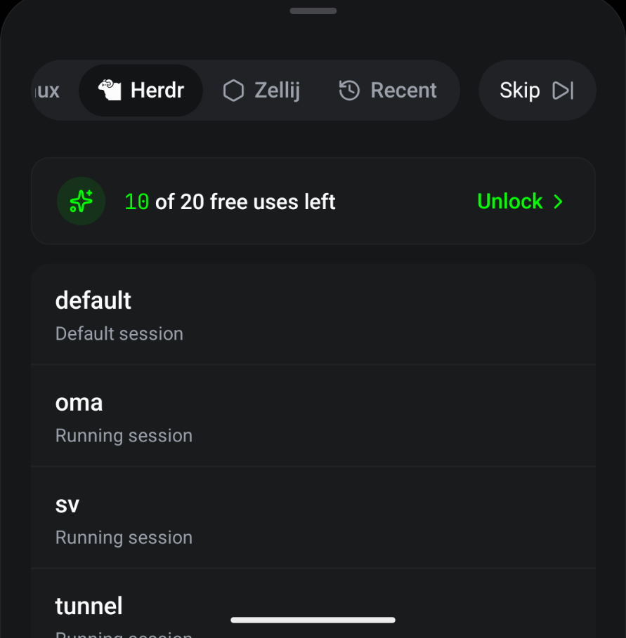 Moshi's multiplexer picker on the free tier showing a 10 of 20 free uses left counter with an Unlock button above a list of running tmux and Herdr sessions